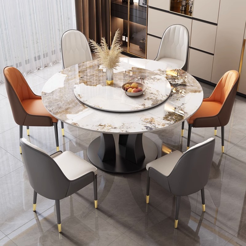 輕奢岩板餐桌椅組合現代簡約吃飯桌子家用帶轉盤圓桌小戶型防油防