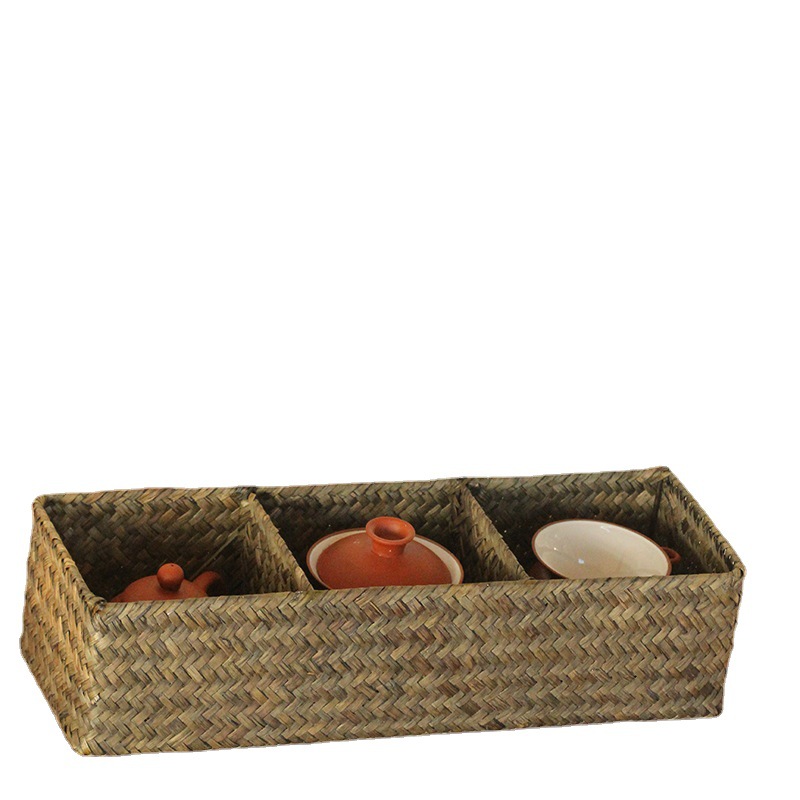Cesta de almacenamiento tejida de hierba marina natural para sala de estar, caja de almacenamiento tejida sin ratán para artículos diversos, juegos de té y pequeños accesorios, multifuncional. image 6