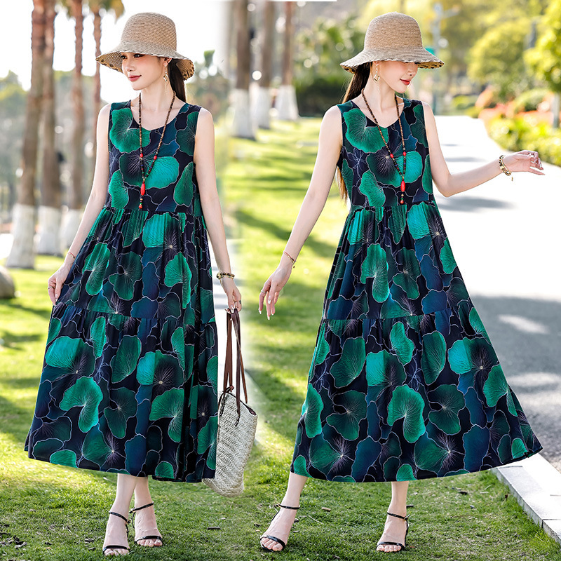 Summer New Cotton Silk Sleeveless Vest Top for Middle-Aged Mothers Korean Style Artificial Cotton Thin Long Floral Dress Summer New Cotton Silk Sleeveless Vest Top for Middle-Aged Mothers Korean Style Artificial Cotton Thin Long Floral Dress