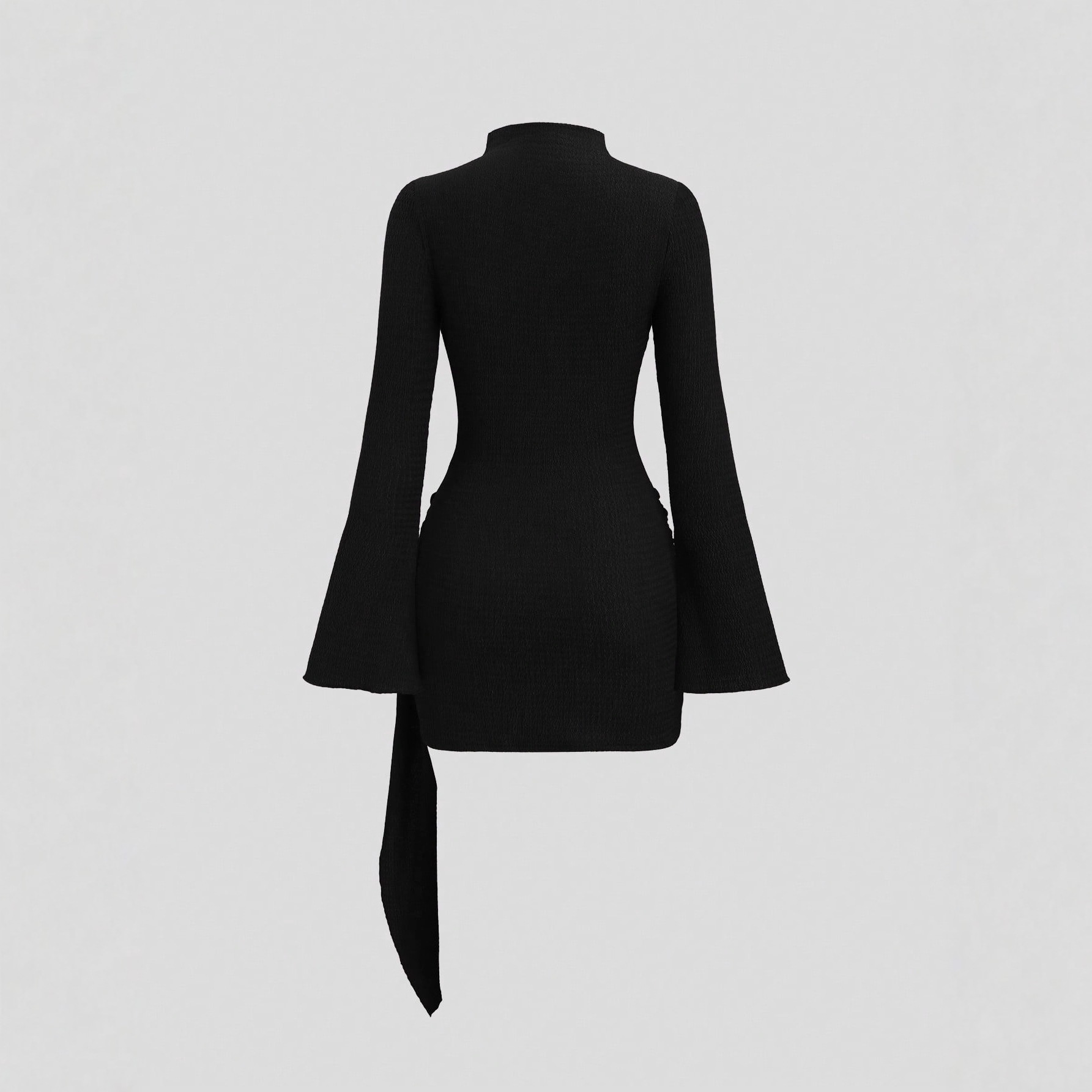 Robe midi cintrée pour femme, col montant, taille cintrée, boucle de taille en métal, manches micro-évasées minimalistes_voghion.com
