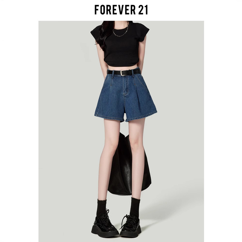 Forever21 Retro Blue Wide-Leg Denim Shorts for Women Summer Pear-Shaped Loose High-Waisted A-Line Versatile Hip-Covering Hot Pants
