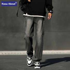 NASA复古烟灰色牛仔裤男春秋季2024新款美式高街裤子直筒休闲长裤