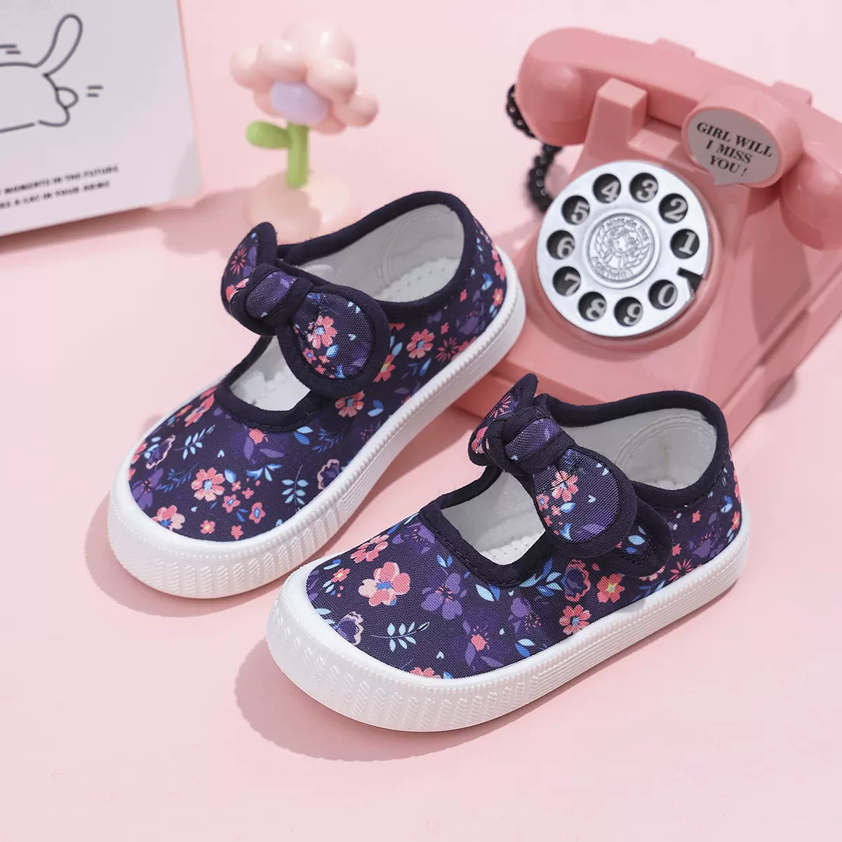 女童帆布鞋蝴蝶结魔术贴幼儿园校园春秋四季女孩运动鞋跨境批发