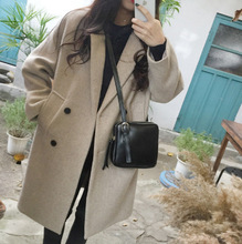 现货韩版气质显瘦中长款冬装新款毛呢子加棉外套女大衣学生双排扣