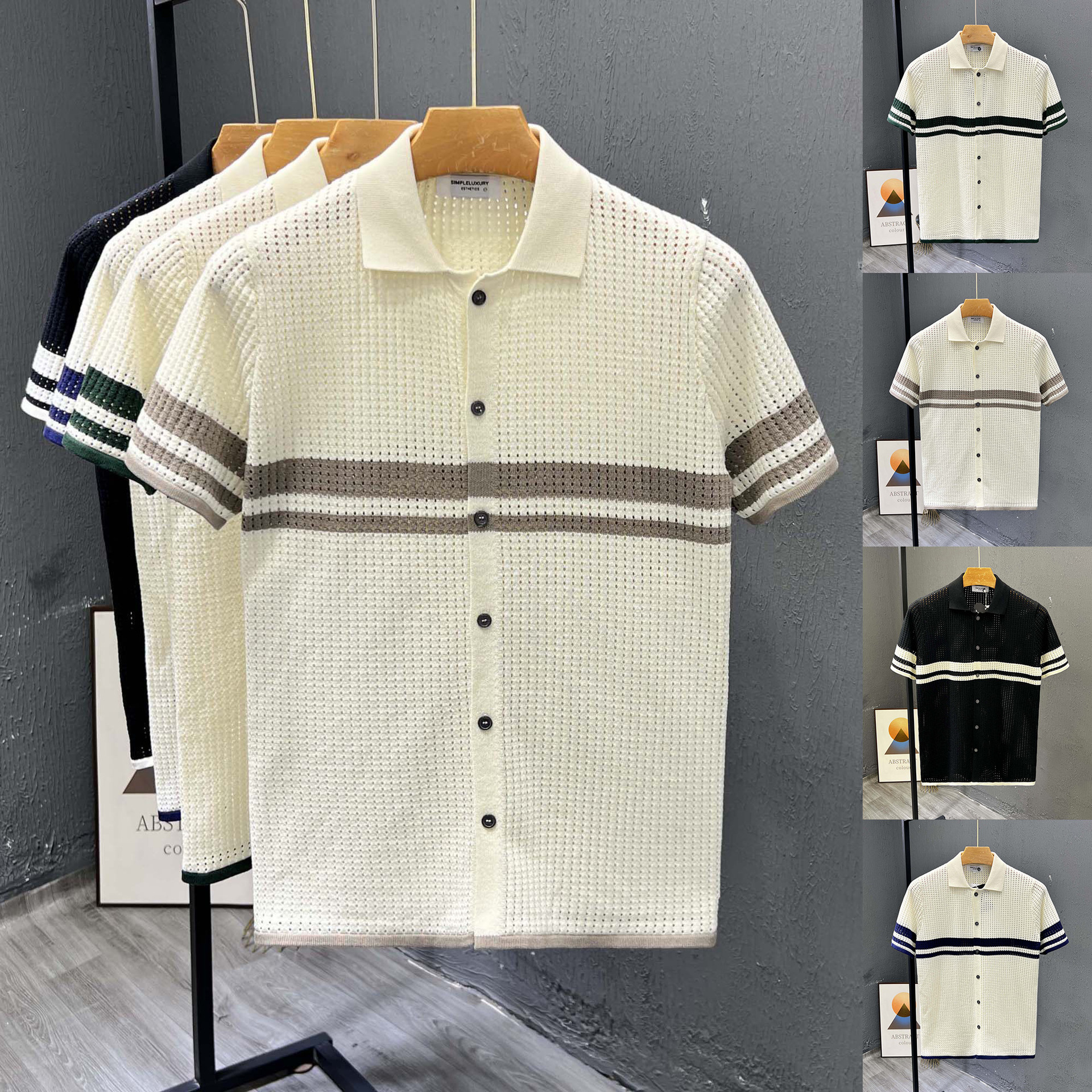 Polo camiseta de punto camiseta de manga corta hombre cardigán agujero rayas viejas camisetas casuales de verano fábrica transfronteriza mayorista