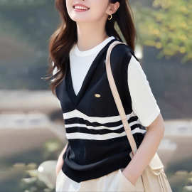 雪3055显瘦假两件冰丝条纹短袖拼接针织衫女新款薄款圆领T恤上衣