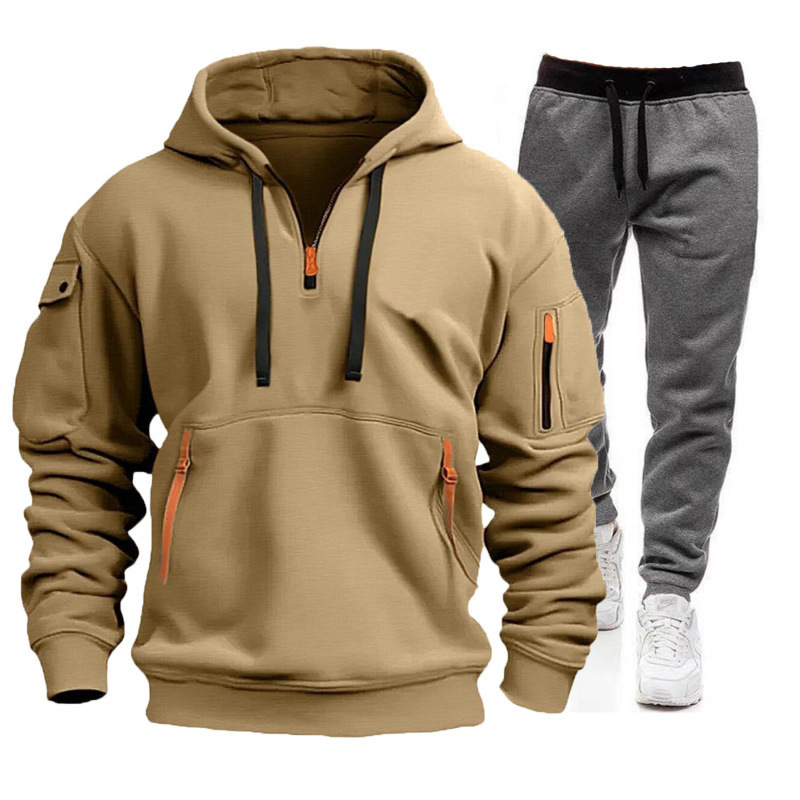 New cross-border spring and autumn men's sweatshirt two-piece set, hoodie with zipper and multiple pockets, pullover sports casual suit