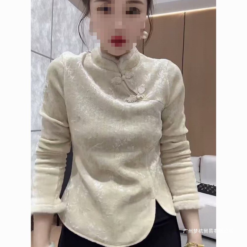 New Chinese Style National Style Furry Stand-Up Collar Slim Velvet Shirt for Women 2024 Winter Elegant Fleece-Lined Bottoming Shirt Top for Women