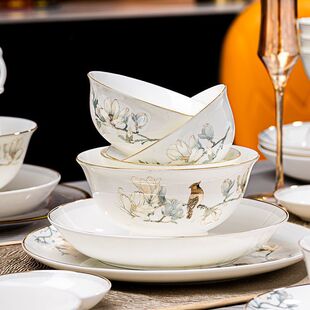 Chinese bone china tableware suit Bowl plate household Jingdezhen bone china flower bird light luxury golden edge high sense bowl dish housewarming