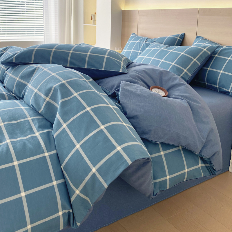 All-cotton Plaid Bedding , Pure Cotton For Nursing Homes, Student Bed Sheet Style, Reactive Printed Twill Four-piece_voghion.com