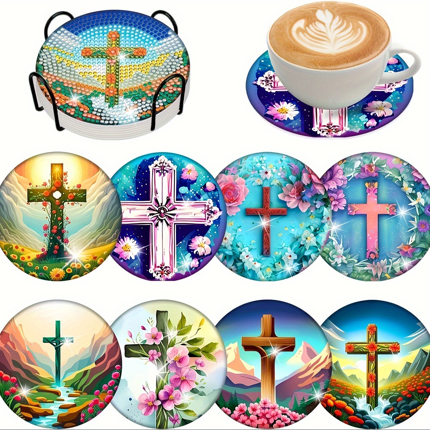 Ventas transfronterizas calientes de 8 piezas de conjunto de cojín de taza de arte de diamante, con soporte, pequeño conjunto de pintura de diamante, adecuado para adultos