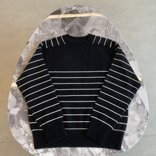 秋冬新款100%纯山羊绒圆领条纹宽松套头女衫毛衣