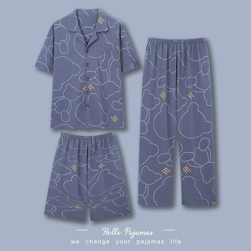 Pajamas de tres piezas para hombres de verano algodón de manga corta pantalones largos delgados de dibujos animados de verano ropa para el hogar grande