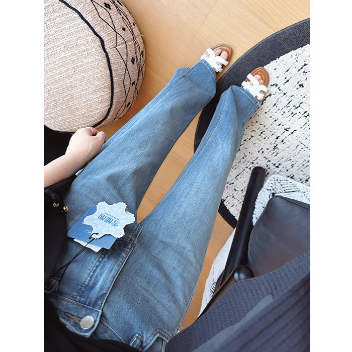 スリムストレートゴブレットパンツ！女性のためのスリムサイドスリットマイクロフレアパンツ夏四面弾性アセテート薄いストレートジーンズ|undefined