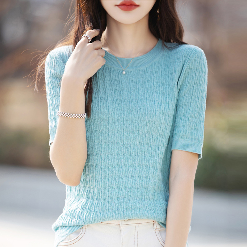 Spring and summer women's short sleeve full solid color sweater cotton and linen short sleeve women's T-shirt women's round neck hook flower vest foreign trade wholesale