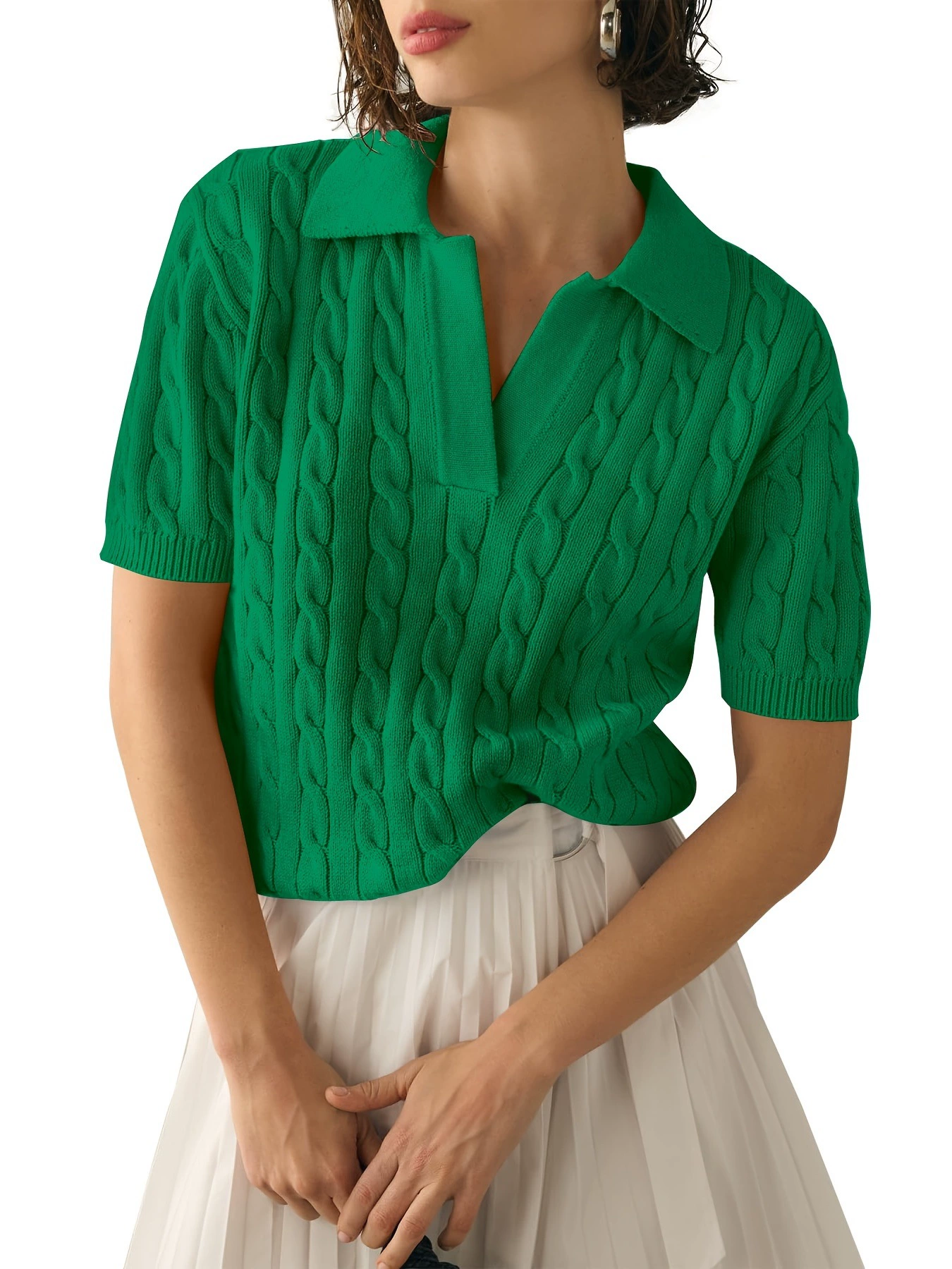 Womens Short Sleeve V Neck Sweaters Cable Knit Collared Cross-border