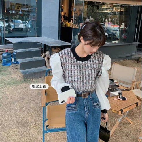 Новый комплект из двух предметов с пышными рукавами и лоскутным топом и платьем во французском стиле для девочек