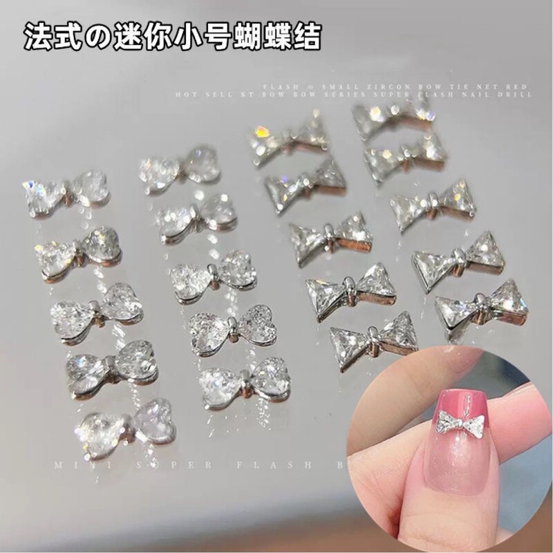 Bow Love Bow Tie Zircon Alloy Nail Drill Explosive Simple All-match Bright White silver Super Flash Nail Accessories