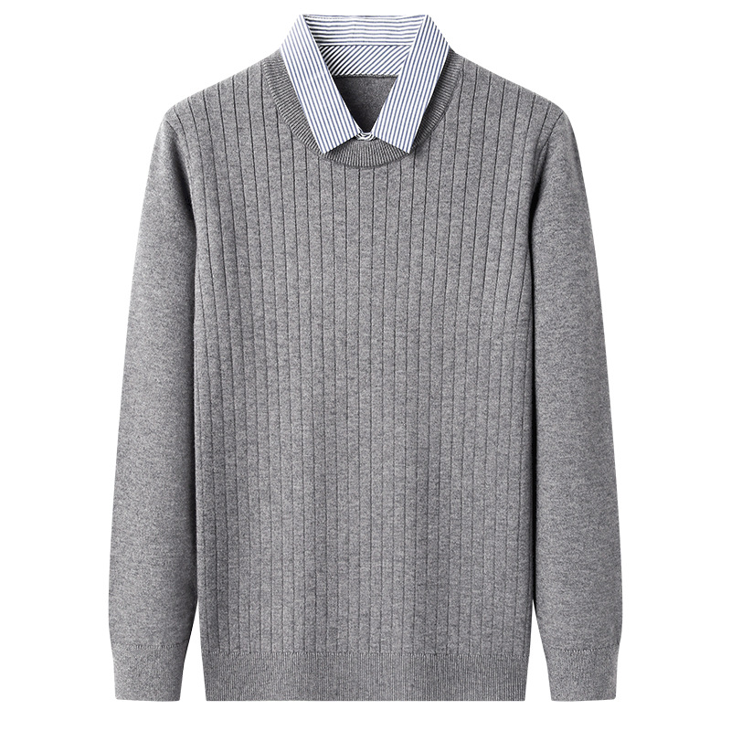 Camisas de punto para hombre simple nuevo falso de alta gama de dos piezas chaqueta casual otoño invierno chaqueta de rayas verticales cabeza suéter de manga larga