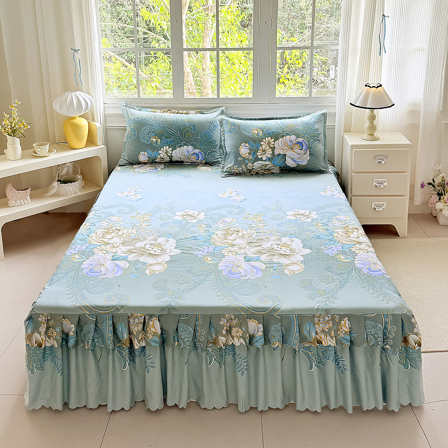 2026 princesa coreana vestido de cama antideslizante doble cubierta lateral cama de encaje cama de cama de gazebo vestido de cama de tres piezas image 12