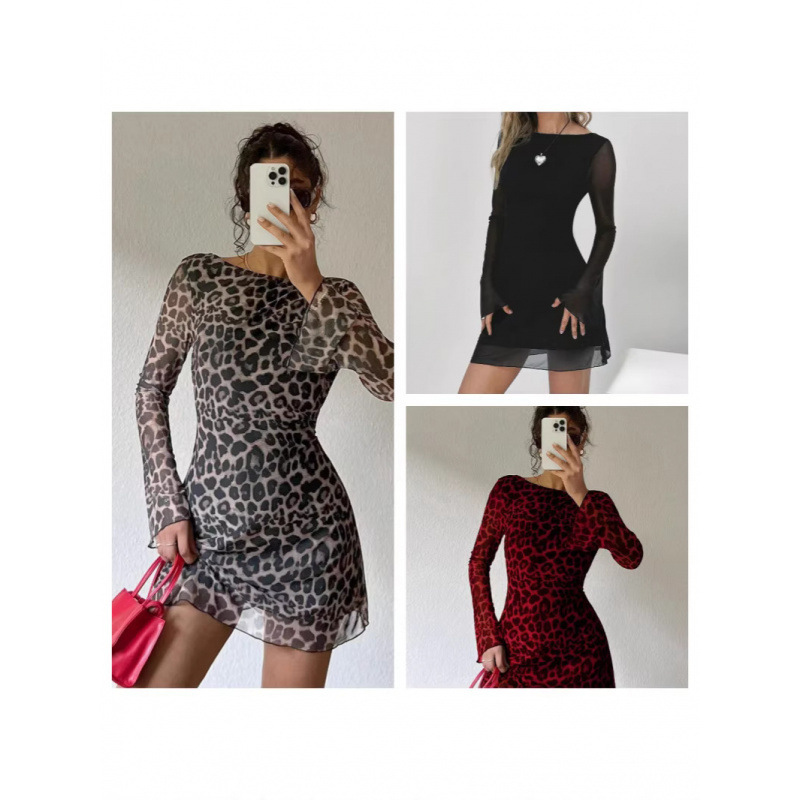 In-Stock Cross-Border Amazon Women's European and American Style Leopard Print Mesh Backless Flared Sleeve Mini Party Dress Long-Sleeve Dress In-Stock Cross-Border Amazon Women's European and American Style Leopard Print Mesh Backless Flared Sleeve Mini Party Dress Long-Sleeve Dress