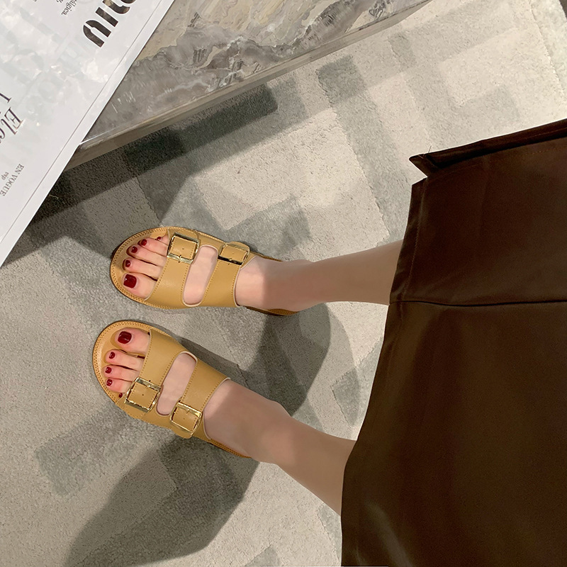 Echt leer Oxford-slippers met zachte zolen Dames zomer bovenkleding 2023 nieuwe all-match strandsandalen met riemgesp_voghion.com