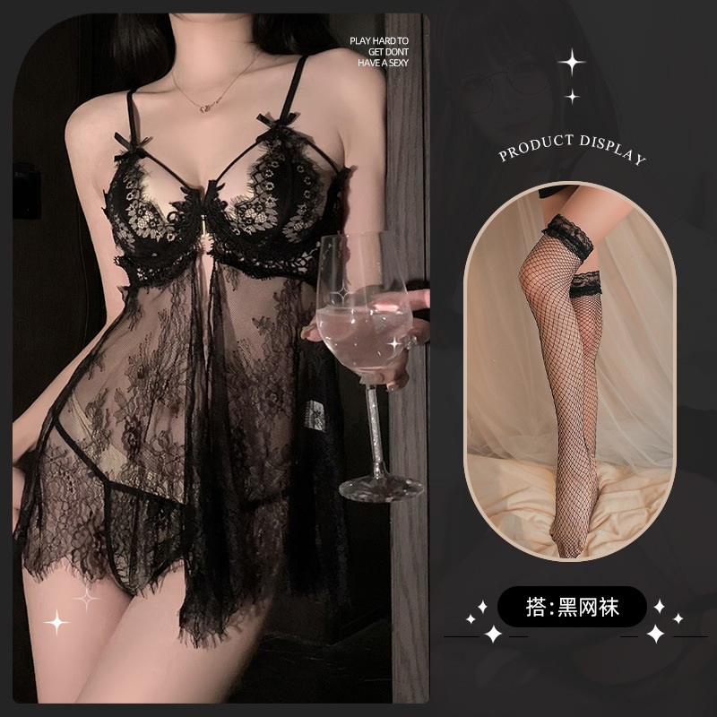 See-through 푸시 업 나이트 드레스 블랙 + t 바지 + 스타킹