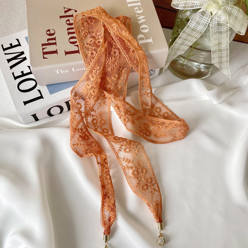 Pequeña correa de cabello personalizada nueva flor de encaje coreano decoración bufandas pequeñas bufandas delgadas colgante largo seda