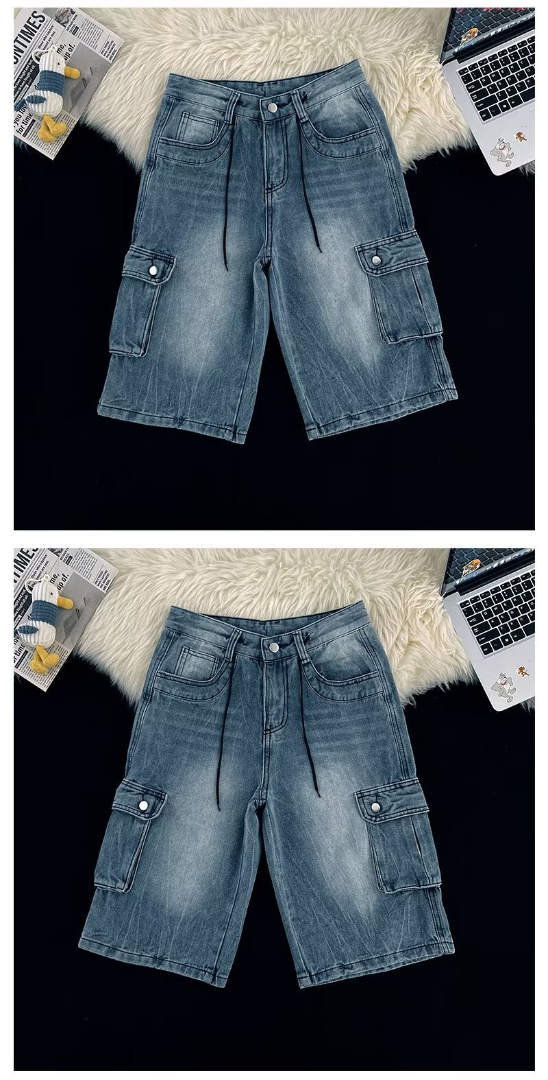 Summer Men's Plus Size Capri Jeans Loose Wide Leg Hip Hop Cargo Shorts Multi Pocket Chubby Pants_mkmklike.com