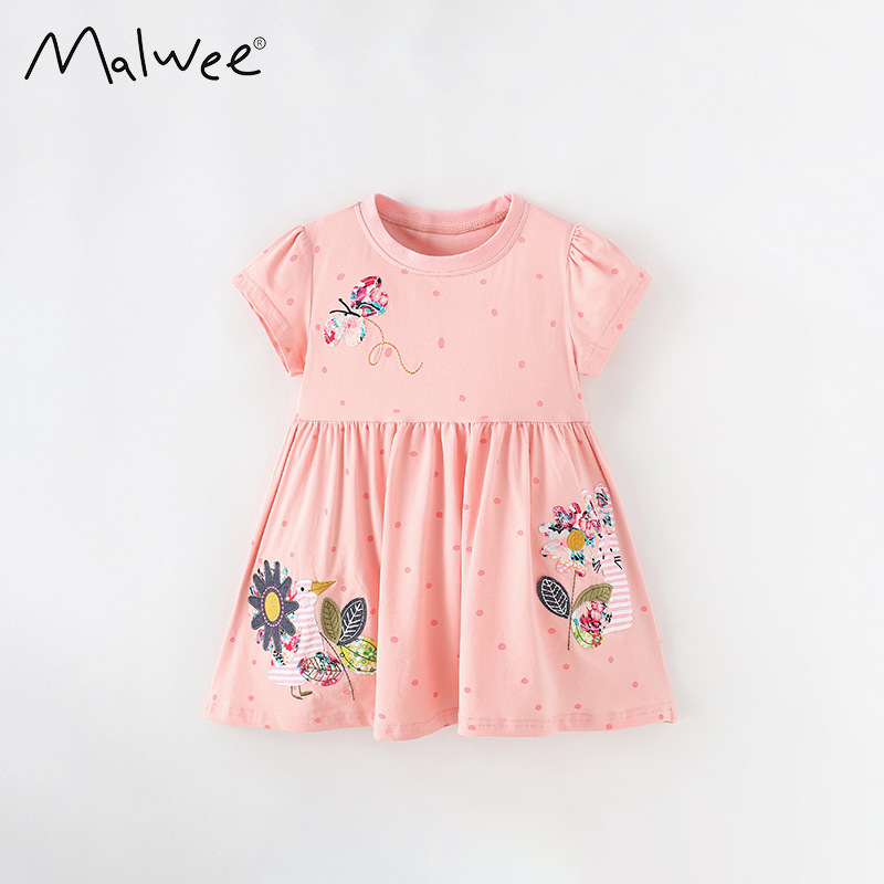 Malwee niñas vestido verano nuevo europeo y americano niños casual impreso manga corta cuello redondo vestido de princesa para niños
