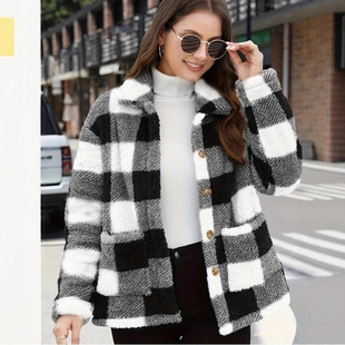 2025 Cross-Border European and American Style Plaid Plush Outwear Patch Pocket Versatile Long-Sleeved Winter Fashion Casual Outwear
