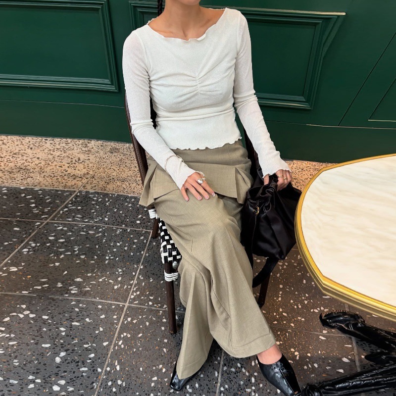 ins欧美风2025夏季新款时尚休闲圆领木耳边褶皱修身长袖上衣T恤女|undefined