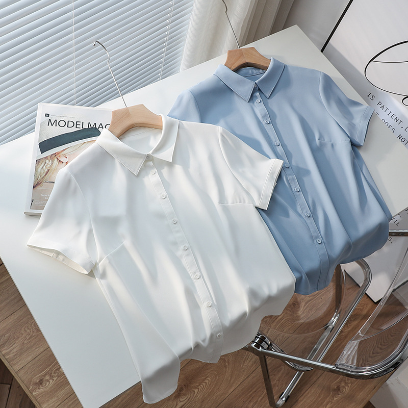 Spring and Summer Breathable Acetic Satin Chiffon Short-sleeved Professional Women's White Shirt Temperament Dress Overalls Top