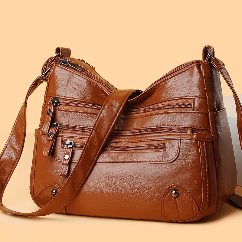 Bolsos de hombro, nuevos bolsos de piel blanda de comercio exterior femenino, moda de doble capa, bolsos de doble capa, versión coreana, bolsos de piel lavada a gran capacidad