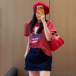 条纹撞色潮流字母印花短袖上衣南油女早春插肩袖收腰显瘦打底衫