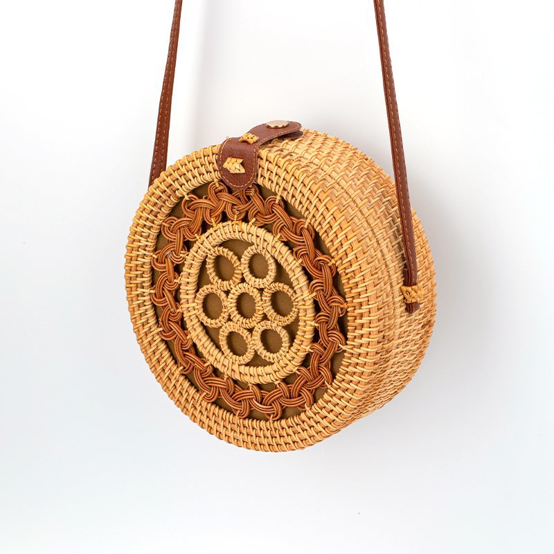 Bolsa de ratán, mini bolsa diagonal, canasta de bosque, bolsa redonda tejida de arte retro, bolsa de hebilla de cubo de vacaciones