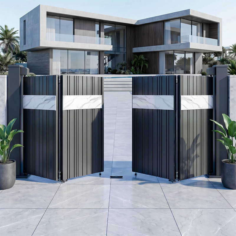 Automatic Electric Four-Panel Folding Door for Villa Courtyard, Modern Light Luxury Slate Panel Splicing Aluminum Alloy Door Customization