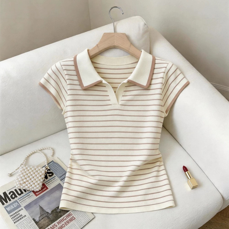 Korean Style Color-Block Striped Polo Collar Short-Sleeve T-Shirt for Women, Summer 2026 New Trendy Fashionable Slim-Fit Versatile Top Korean Style Color-Block Striped Polo Collar Short-Sleeve T-Shirt for Women, Summer 2026 New Trendy Fashionable Slim-Fit Versatile Top