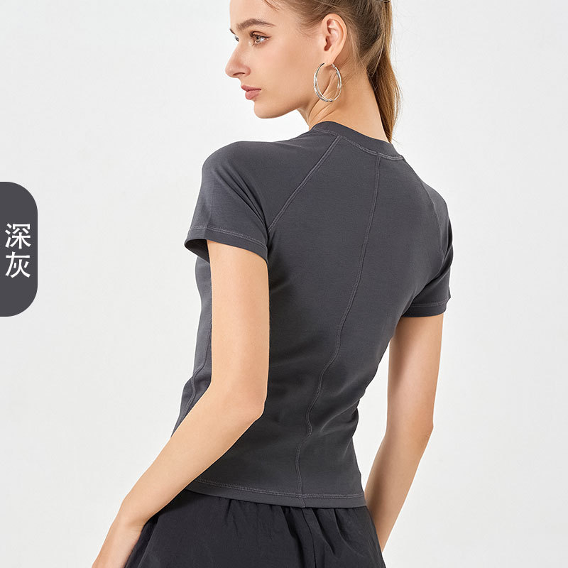 Otoño y invierno nuevo algodón hialurónico largo deportivo de mangas cortas de cuello redondo de mujer delgado apretado ventilado y alta chaqueta de yoga elástica