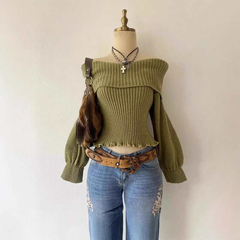 Independent Brand European and American Style Spicy Girl Off-Shoulder Fashion Short Sweater Y2K Solid Color Retro Puff Sleeve Knit Top Independent Brand European and American Style Spicy Girl Off-Shoulder Fashion Short Sweater Y2K Solid Color Retro Puff Sleeve Knit Top