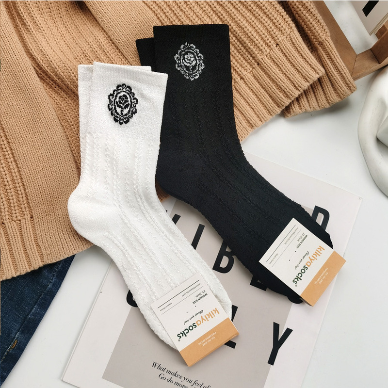 Korean Dongdaemun Women's Socks, Floral Cotton Socks, High-Tube New Trendy Socks, Mid-Tube Ins-Style Women's Cotton Socks