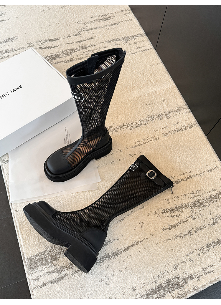 Boot nữ cổ cao ôm bắp chân đế dày gót vuông phong cách lưới thoáng khí — Ống rộng đen, Ống tiêu chuẩn đỏ, Ống tiêu chuẩn đen, Ống rộng đỏ chi tiết 17