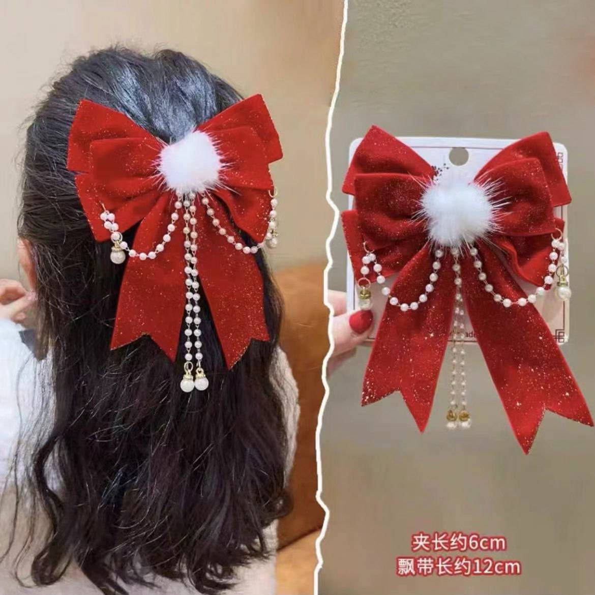 Niños de Año Nuevo gran arco rojo tocado de cabello de vestido chino para niñas bordas lindas tarjetas de cabello para niñas de Año Nuevo clip para el cabello