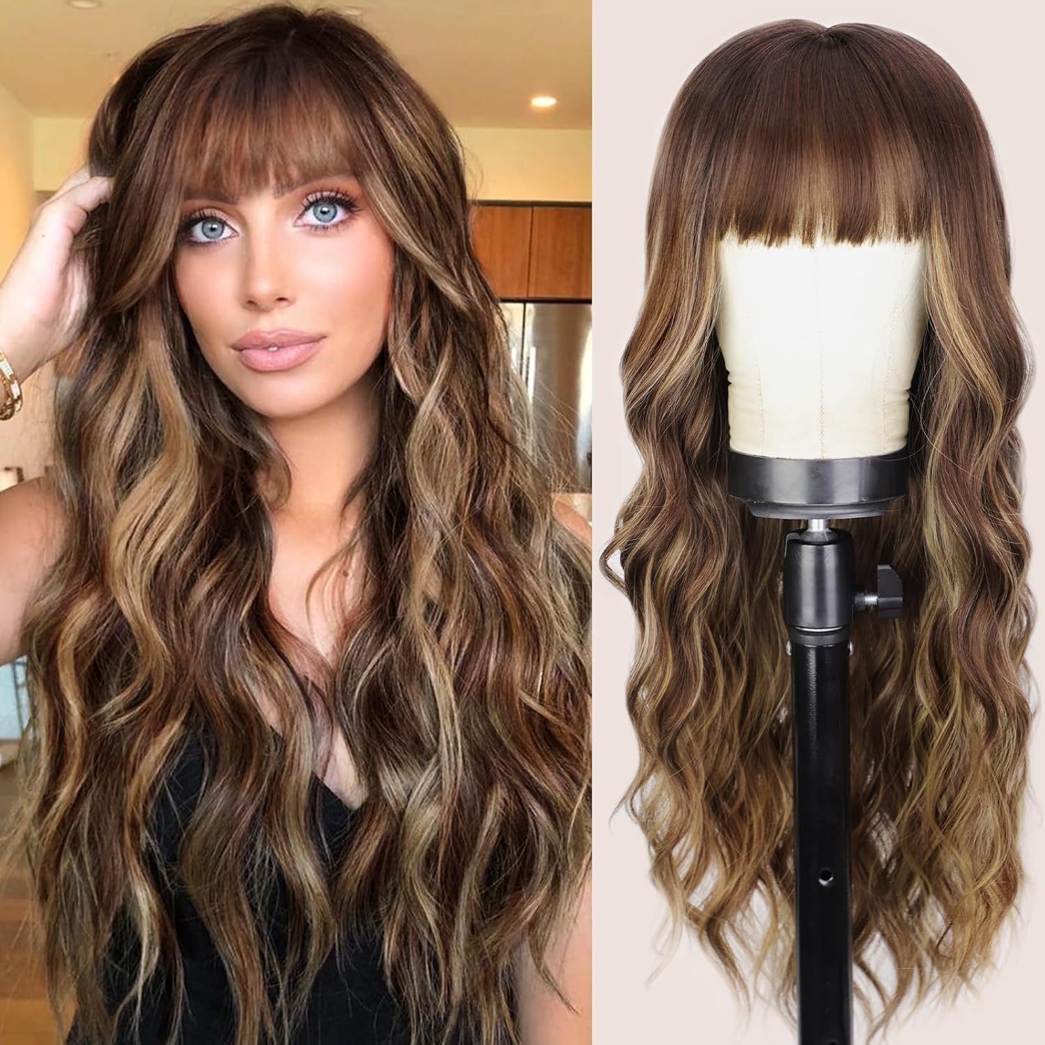 Synthetic Long Wavy Wig With Bangs Gradient Big Wave Hairpiece_voghion.com