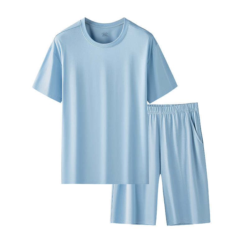 [Volumen boutique] nueva youke seda primavera y verano de los hombres color sólido cuello redondo manga corta shorts traje en stock pelo rápido