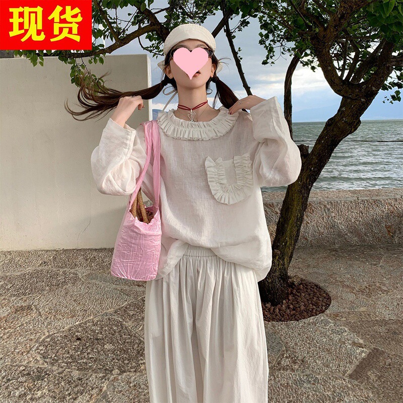 In Stock Zhou Meimei【New Product at 8Pm on the 15Th】Full Linen Pleated Lace Shirt Top In Stock Zhou Meimei【New Product at 8Pm on the 15Th】Full Linen Pleated Lace Shirt Top