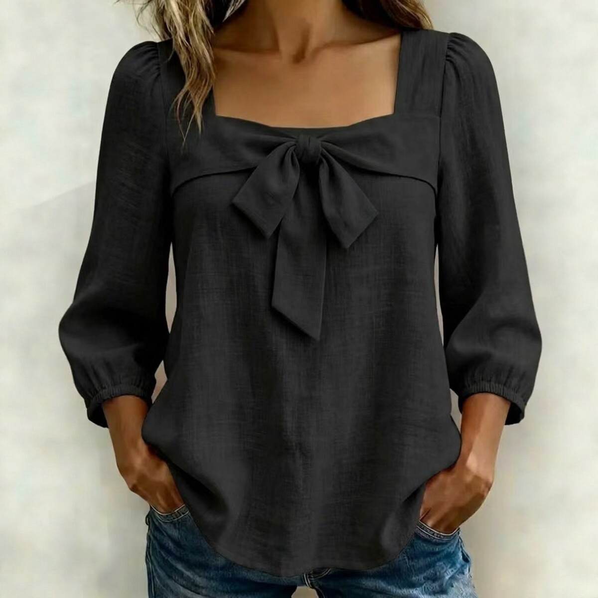Women's Clothing Women's Style Square Neck Blouse Bow Tie Top Puff Sleeves Three Quarter Length Elegant Outfit_ecoleips.com