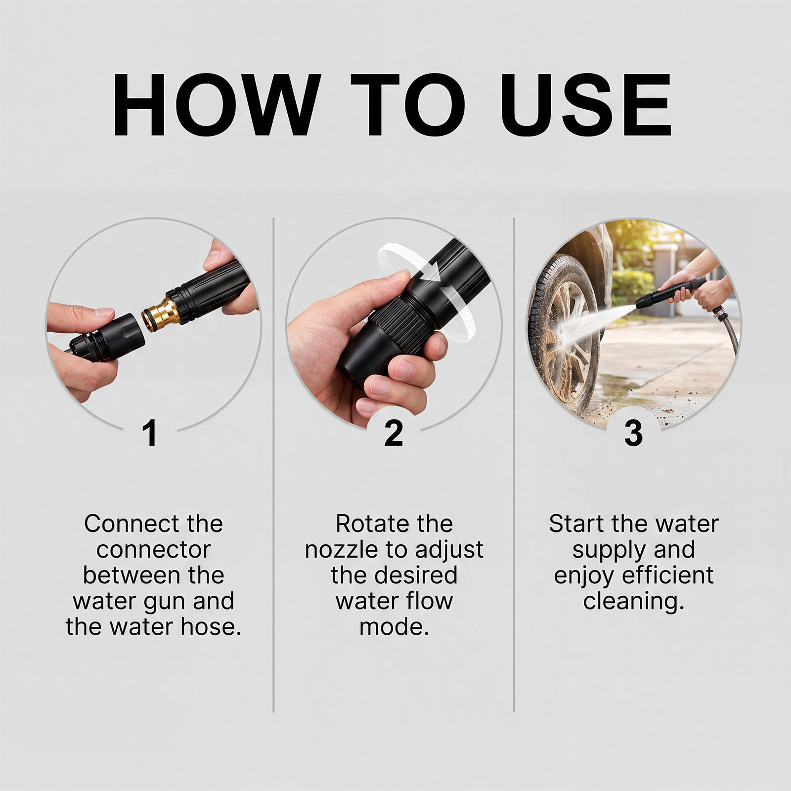 High-pressure car wash gun: features adjustable, rotating nozzles that allow for various spray patterns, providing a powerful water stream to effectively wash and clean dirt from the car body