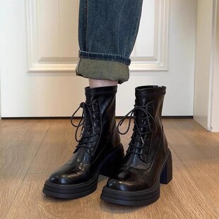 Cowhide version ~ High heels, thick sole, versatile temperament Martin boots, veterinary leather waterproof platform tied side zipper elastic short boots