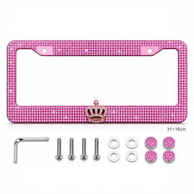 Car License Plate Frame Stainless Steel Acrylic Rhinestone License Plate Holder Diamond-Encrusted Crown Universal License Plate Frame License Plate Holder (License plate holder/license plate holder) - pink-gold-single-piece